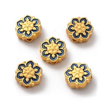 Alloy Enamel Beads, Matte Gold Color, Flower, Blue, 11x5.3mm, Hole: 1.8mm
