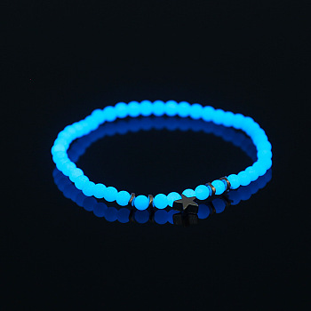 Luminous Acrylic Beaded Stretch Bracelet with Alloy Star, Glow In The Dark Jewelry for Women, Platinum, 7-7/8 inch(20cm)