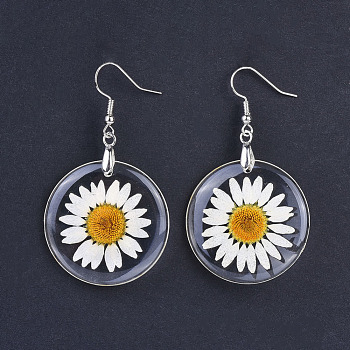 Alloy Resin Dried Flower Dangle Earrings, with Platinum Plated Brass Earring Hooks, Clear, 57mm, Pin: 0.7mm