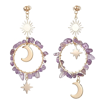 Vintage Natural Amethyst Ear Studs, with 304 Stainless Steel Findings, Ring with Moon, 73x34mm