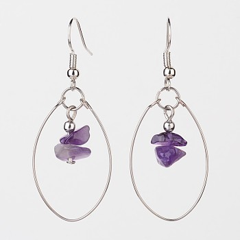Natural Amethyst Dangle Earrings, with Steel Memory Wire and Brass Earring Hooks, Platinum, 50mm