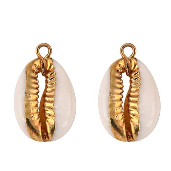 Cowrie Shell Pendants, with Metal Findings, Natural Color, Golden, 17~25x10~15x5~7mm, Hole: 1.5mm
