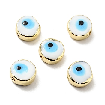 Handmade Evil Eye Lampwork Beads, with Brass Findings, Flat Round, White, 11.5x6mm, Hole: 1.6mm
