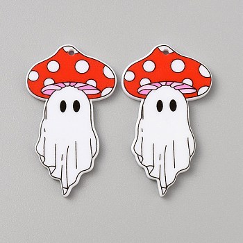 Halloween Printed Opaque Acrylic Pendants, Ghost with Mushroom Charm, Red, 45x26.5x2.5mm, Hole: 1.6mm