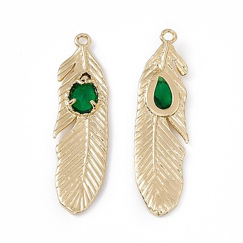 Brass Pendants, with Dark Green Glass, Feather, Real 18K Gold Plated, 35x10x3mm, Hole: 1.4mm
