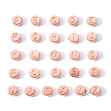 CCB Plastic Beads, Flat Round with Letter, Rose Gold, 7x4mm, Hole: 1.4mm, about 100pcs/bag(CCB-YW0001-01RG)