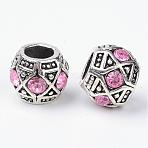 Alloy Rhinestone Rondelle Large Hole European Beads, Antique Silver, Light Rose, 11x9mm, Hole: 5mm(MPDL-R036-80F)