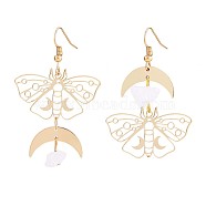 Alloy Moth with Natural Quartz Crystal Beaded Long Dangle Earrings, Crescent Moon Long Asymmetrical Earrings for Women, Golden, 54x35.6mm, Pin: 0.8mm(JE985A)