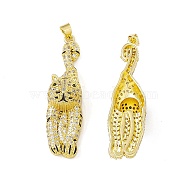 Rack Plating Brass Micro Pave Cubic Zirconia Pendants, Cadmium Free & Lead Free, Long-Lasting Plated, Key with Cat Charm, Real 18K Gold Plated, 46x12x14.5mm, Hole: 4x3.5mm(ZIRC-I061-19G)