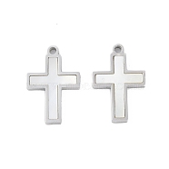 304 Stainless Steel Pendants, Natural White Shell Cross Charms, Stainless Steel Color, 16.9x11.5x1.8mm, Hole: 1.4mm(STAS-S136-02P-01)