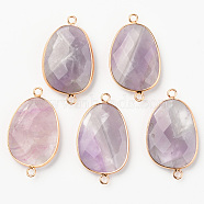 Natural Amethyst Links, with Light Gold Plated Edge Brass Loops, Oval, Faceted, 38x22.5x6mm, Hole: 2mm(X-G-R464-003C)