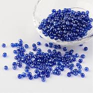 Round Glass Seed Beads, Trans. Colours Lustered, Blue, Size: about 4mm in diameter, hole: 1.5mm, about 496pcs/50g(X-SEED-A006-4mm-108)