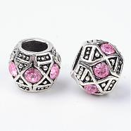 Alloy Rhinestone Rondelle Large Hole European Beads, Antique Silver, Light Rose, 11x9mm, Hole: 5mm(MPDL-R036-80F)