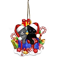 Christmas Cat Shape Acrylic Pendant Decoration, with Nylon Rope and Iron Bell, for Car Rear View Mirror Hanging Ornament, Box, 77x74x4mm, Hole: 3mm(HJEW-E007-01G-02)