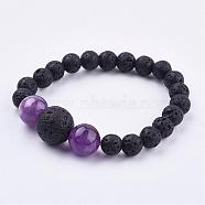 Natural Amethyst Stretch Bracelets, with Natural Lava Rock Beads, Round, 2 inch(52mm)(BJEW-JB03159-05)