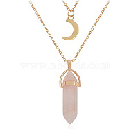 Natural Rose Quartz Double Terminated Pointed Bullet & Moon Alloy Pendant Double Layer Necklaces for Women, Golden, 13.78 inch(35cm)(WGAD714-08)