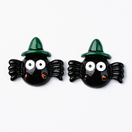 Resin Cabochons, Halloween Theme, Opaque, Spider with Hat, Green, Black, 25x28.5x6mm(RESI-R429-26)