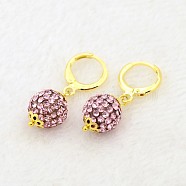 Dangling Round Ball Resin Rhinestone Earrings, with Golden Plated Brass Leverback Hoop Earring Settings, Light Rose, 30mm, Pin: 1mm(EJEW-J080-27G)