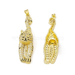 Rack Plating Brass Micro Pave Cubic Zirconia Pendants, Cadmium Free & Lead Free, Long-Lasting Plated, Key with Cat Charm, Real 18K Gold Plated, 46x12x14.5mm, Hole: 4x3.5mm(ZIRC-I061-19G)