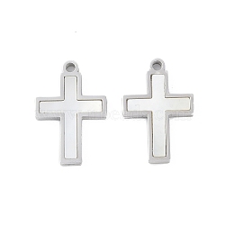 304 Stainless Steel Pendants, Natural White Shell Cross Charms, Stainless Steel Color, 16.9x11.5x1.8mm, Hole: 1.4mm(STAS-S136-02P-01)