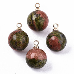 Natural Unakite Charms, with Golden Plated Brass Loops,, Round, 14x10.5mm, Hole: 1.5mm(X-G-N332-024G-15)