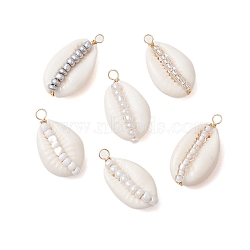 6Pcs 6 Styles Natural Cowrie Shell & Glass Seed Beads Pendants, Shell Shaped Charms, White, 29x16x10mm, Hole: 2mm, 1pc/style(PALLOY-JF02759-06)