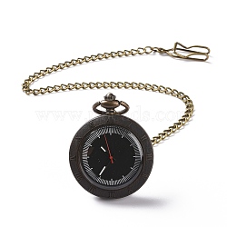 Ebony Wood Pocket Watch with Brass Curb Chain and Clips, Roman Numerals Scale Flat Round Electronic Watch for Men, Black, 16-3/8~17-1/8 inch(41.7~43.5cm)(WACH-D017-F02-AB)
