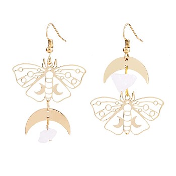 Alloy Moth with Natural Quartz Crystal Beaded Long Dangle Earrings, Crescent Moon Long Asymmetrical Earrings for Women, Golden, 54x35.6mm, Pin: 0.8mm