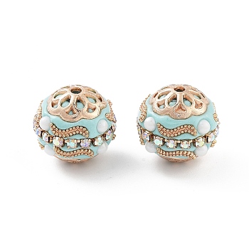 Handmade Indonesia Beads, with Alloy, ABS Plastic and Glass, Round, Golden, Pale Turquoise, 16x17mm, Hole: 1.8mm