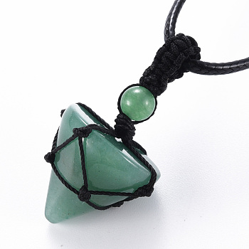 Natural Green Aventurine Cone Pendant Necklace, Full Wrapped Gemstone Pendant Necklace for Girl Women, Black, 30.7~31.73 inch(78~80.6cm)