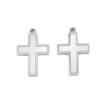 304 Stainless Steel Pendants, Natural White Shell Cross Charms, Stainless Steel Color, 16.9x11.5x1.8mm, Hole: 1.4mm