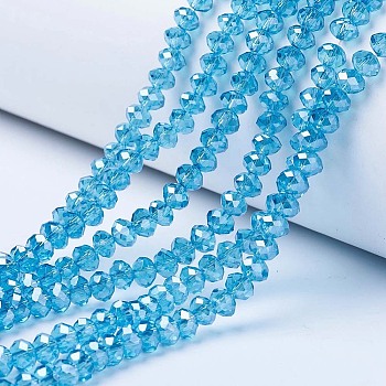Electroplate Glass Beads Strands, Pearl Luster Plated, Faceted, Rondelle, Deep Sky Blue, 4x3mm, Hole: 0.4mm, about 113~115pcs/strand, 41~42cm