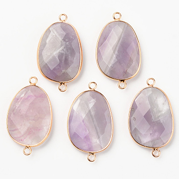 Natural Amethyst Links, with Light Gold Plated Edge Brass Loops, Oval, Faceted, 38x22.5x6mm, Hole: 2mm