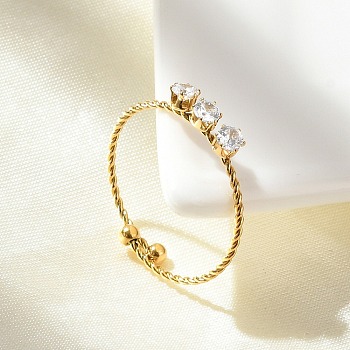 304 Stainless Steel Rhinestone Open Cuff Rings, Real 18K Gold Plated, 11x3.5mm, Inner Diameter: 19.6mm