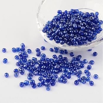 Round Glass Seed Beads, Trans. Colours Lustered, Blue, Size: about 4mm in diameter, hole: 1.5mm, about 496pcs/50g