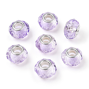 Handmade Glass European Beads, Large Hole Beads, Silver Color Brass Core, Lilac, 14x8mm, Hole: 5mm