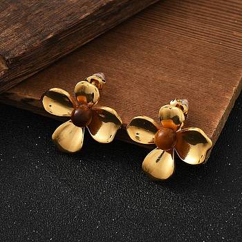 304 Stainless Steel Stud Earrings, with Natural Tiger Eye, Real 18K Gold Plated, 23.5x26.5mm, Adjustable