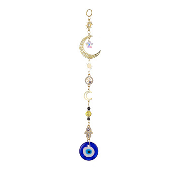 Evil Eye Lampwork Pandant Decorations, with Stainless Steel Moon, Alloy Moon, Colorful, 240mm