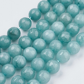 Natural Jade Bead Strands, Dyed, Faceted, Round, Pale Turquoise, 8mm, Hole: 1mm, about 48pcs/strand, 14.5~14.9 inch