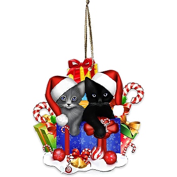 Christmas Cat Shape Acrylic Pendant Decoration, with Nylon Rope and Iron Bell, for Car Rear View Mirror Hanging Ornament, Box, 77x74x4mm, Hole: 3mm