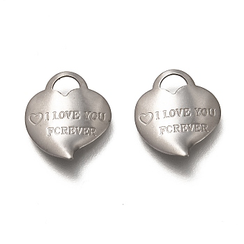 Valentine's Day 304 Stainless Steel Pendants, Heart with Word I love You Forever, Stainless Steel Color, 15x13x2mm, Hole: 4x3mm