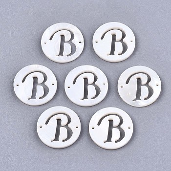 Natural Freshwater Shell Links Connectors, Flat Round with Letter, Letter.B, 14.5x1.5mm, Hole: 0.9mm