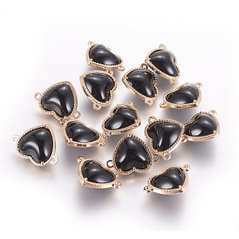 Glass Links connectors, with Eco-Friendly Alloy Findings, Heart, Light Gold, Black, 14x18.5x7mm, Hole: 1.2mm
