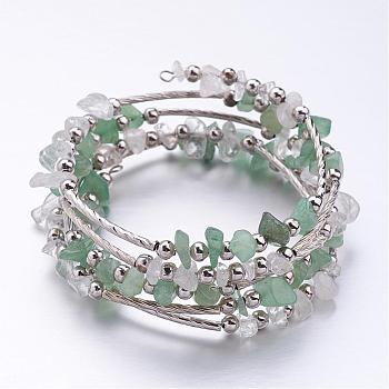 Five Loops Wrap Green Aventurine Beads Bracelets, with Crystal Chips Beads and Iron Spacer Beads, Green, 2 inch(52mm)