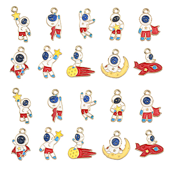 50Pcs 10 Styles Alloy Enamel Pendants, Spaceman with Star, Light Gold, White, 9~25x10~21.5x1.5~2mm, Hole: 2mm, 5pcs/style