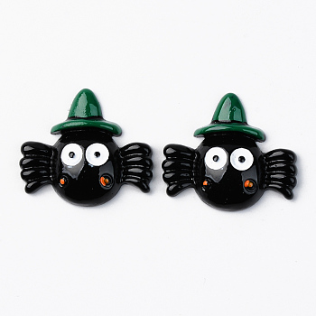 Resin Cabochons, Halloween Theme, Opaque, Spider with Hat, Green, Black, 25x28.5x6mm