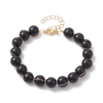 Glass Round Beaded Bracelet with Alloy Clasps, Black, 7-3/4 inch(19.8cm)