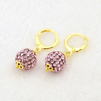 Dangling Round Ball Resin Rhinestone Earrings, with Golden Plated Brass Leverback Hoop Earring Settings, Light Rose, 30mm, Pin: 1mm