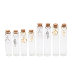 8Pcs 4 Styles Transparent Glass Empty Bottles with Charms and Cork, Wishing Bottle for Pet Fur Storage, Column, Antique Silver & Golden, Clear, 8~10cm, 2pcs/style(AJEW-DR00026)