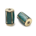 Handmade Tibetan Style Beads, Column, Brass Beads, with Synthetic Turquoise, Antique Golden, 27.5~28x17x17mm, Hole: 2mm(KK-Z157-07AG)